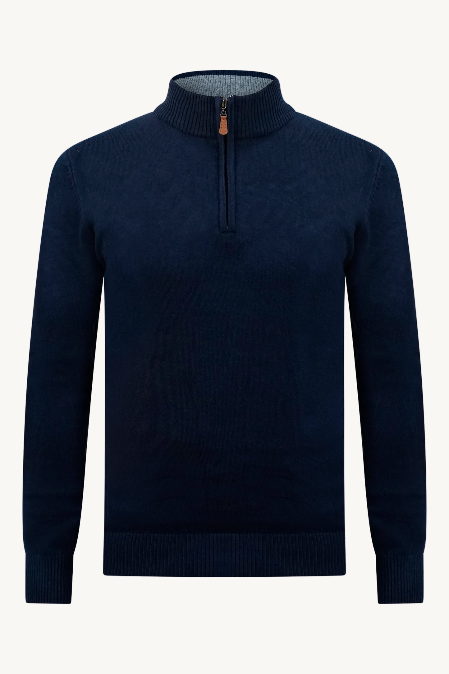 BLAUER STRICKPULLOVER MIT ZIPPER – GRAUER KRAGEN