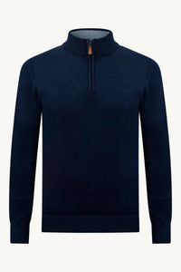 BLAUER STRICKPULLOVER MIT ZIPPER – GRAUER KRAGEN