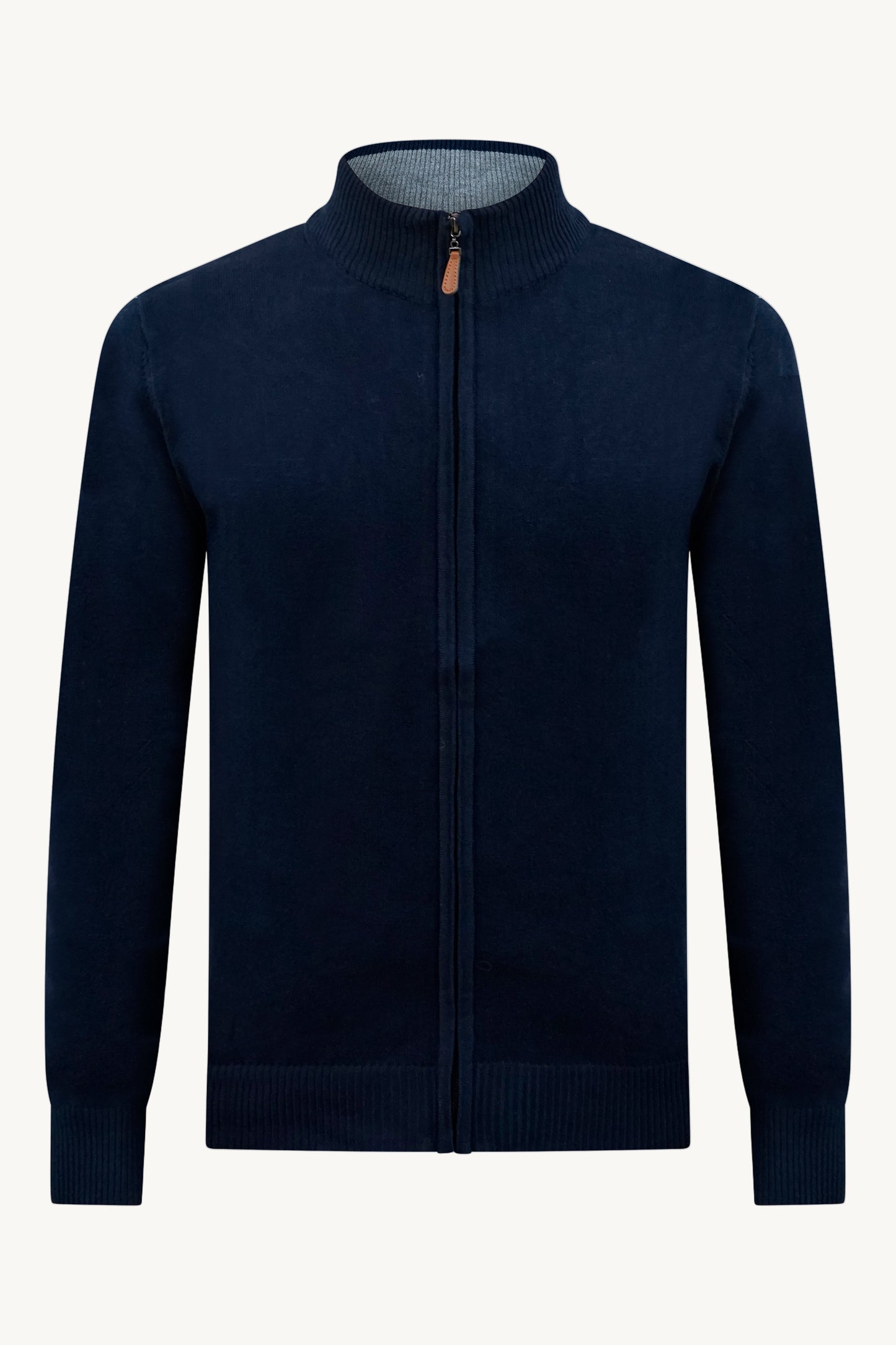 BLAUE STRICKWESTE MIT ZIPPER – GRAUER KRAGEN