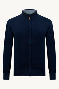 BLAUE STRICKWESTE MIT ZIPPER – GRAUER KRAGEN