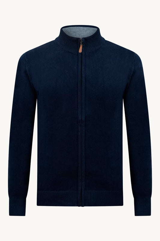BLAUE STRICKWESTE MIT ZIPPER – GRAUER KRAGEN
