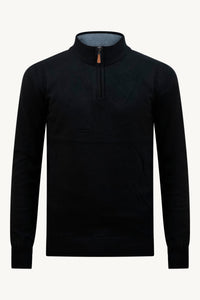 SCHWARZER STRICKPULLOVER MIT ZIPPER – GRAUER KRAGEN