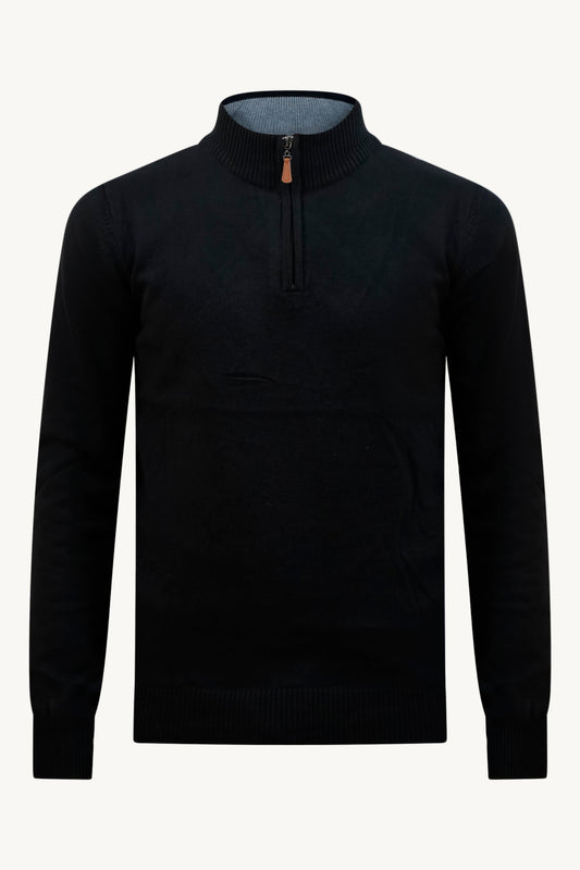 SCHWARZER STRICKPULLOVER MIT ZIPPER – GRAUER KRAGEN