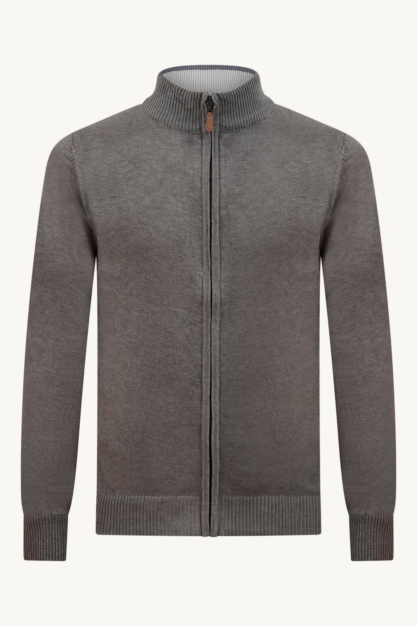 BRAUNE STRICKWESTE MIT ZIPPER – BEIGER KRAGEN