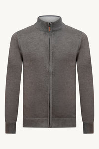 BRAUNE STRICKWESTE MIT ZIPPER – BEIGER KRAGEN