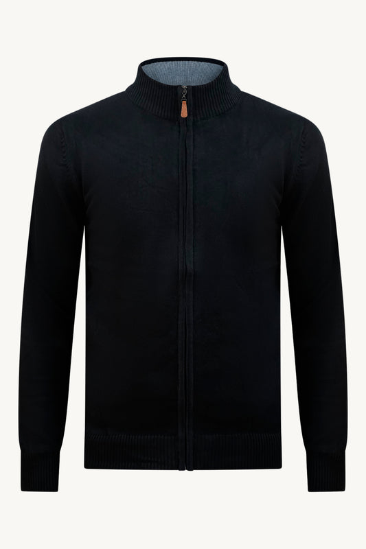 SCHWARZE STRICKWESTE MIT ZIPPER – GRAUER KRAGEN