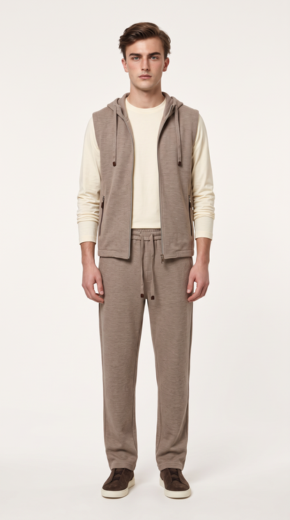 WOOL CASHMERE TEXTURED HOODED GILET BEIGE