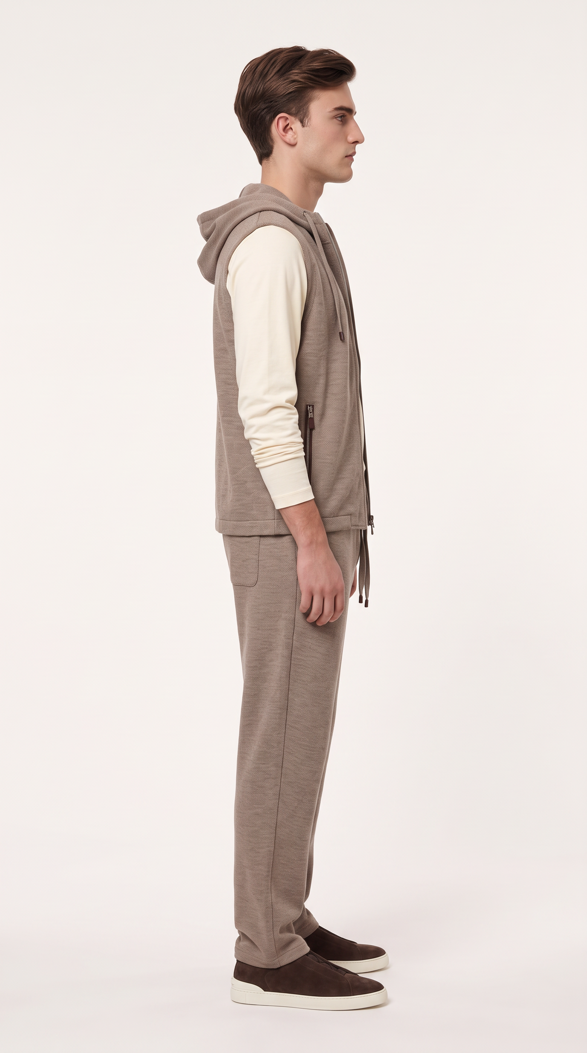 WOOL CASHMERE TEXTURED HOODED GILET BEIGE