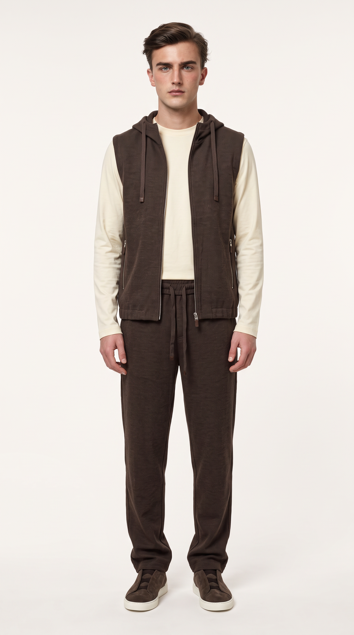 WOOL CASHMERE TEXTURED HOODED GILET BROWN