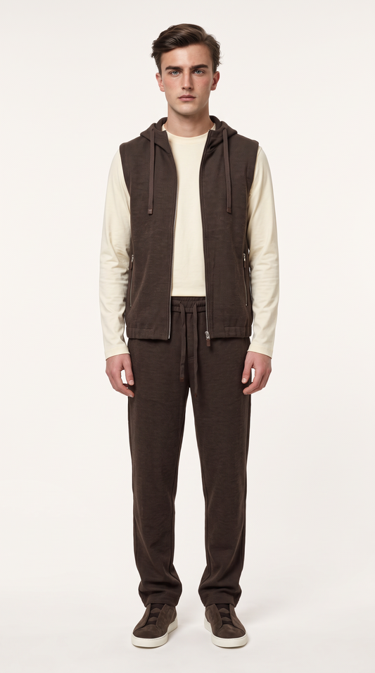 WOOL CASHMERE TEXTURED HOODED GILET BROWN