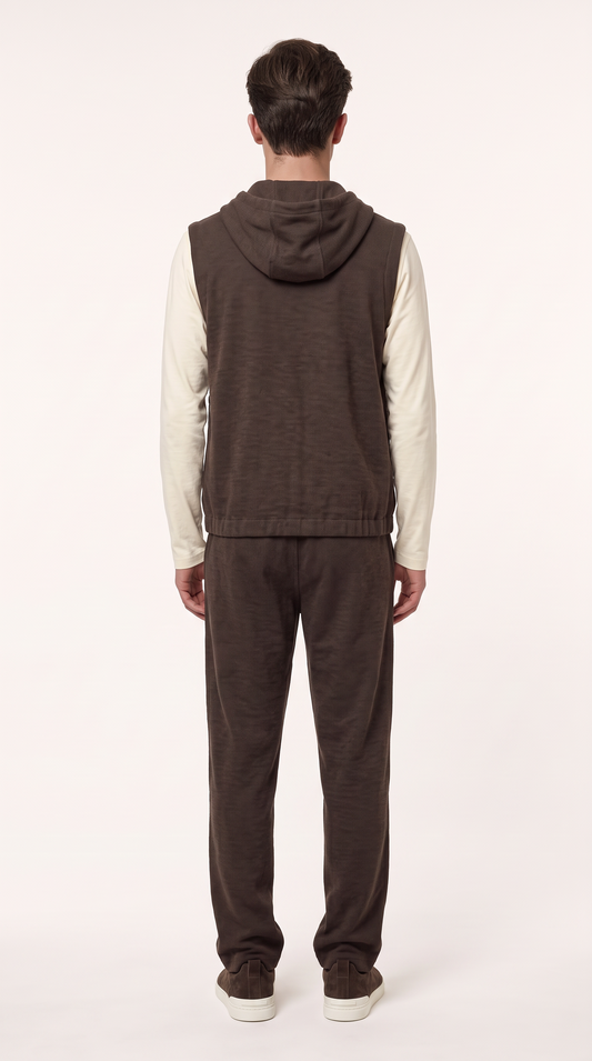 WOOL CASHMERE TEXTURED HOODED GILET BROWN
