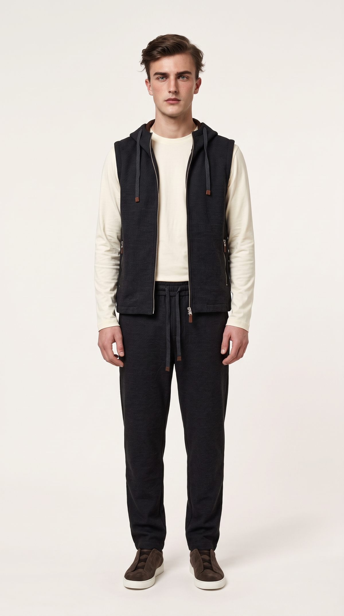 WOOL CASHMERE TEXTURED HOODED GILET GREY